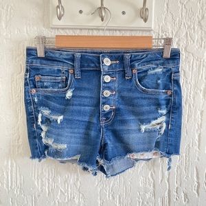 American Eagle Distressed Hi Rise Raw Hem Shortie Denim Jean Shorts Size 6